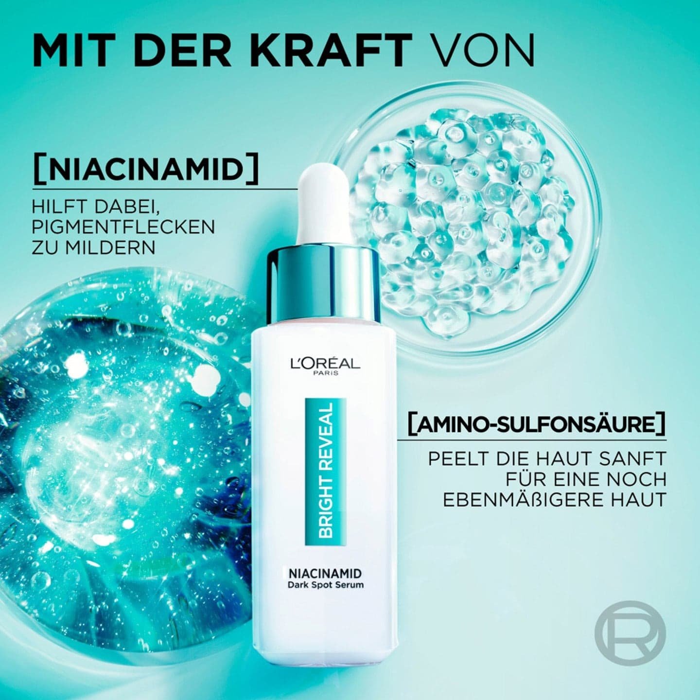 Bright Reveal Gesichtspflege Serum - Produktabbildung plus positive Eigenschaften und Inhaltsstoffe